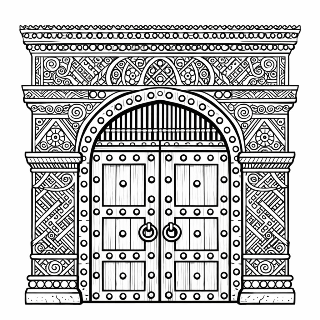 Black and white line illustration page from Iconic African Locations Colouring Book Volume 2, an adult colouring book