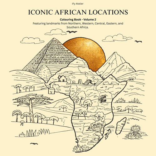 Iconic African Locations Colouring Book Volume 2 - front cover, adult colouring book celebrating African landmarks