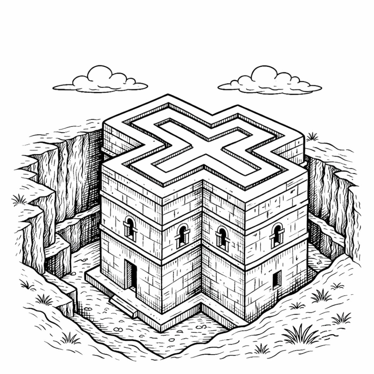 Interior colouring page from Iconic African Locations Colouring Book Volume 2 featuring a detailed African landmark illustration