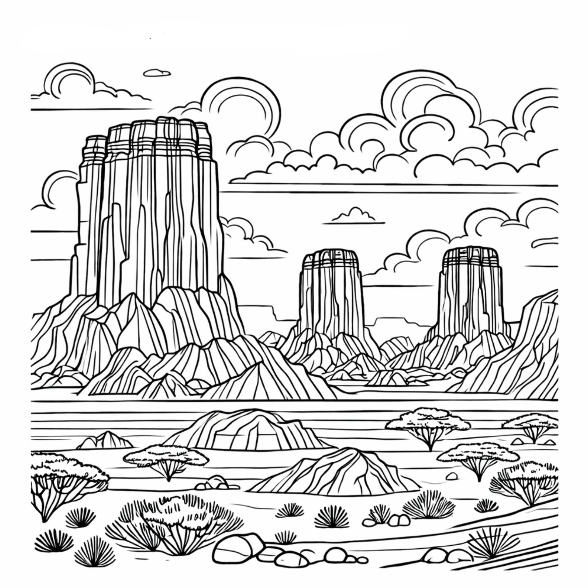 Illustrated colouring page from Iconic African Locations Colouring Book Volume 2 with facing cultural note