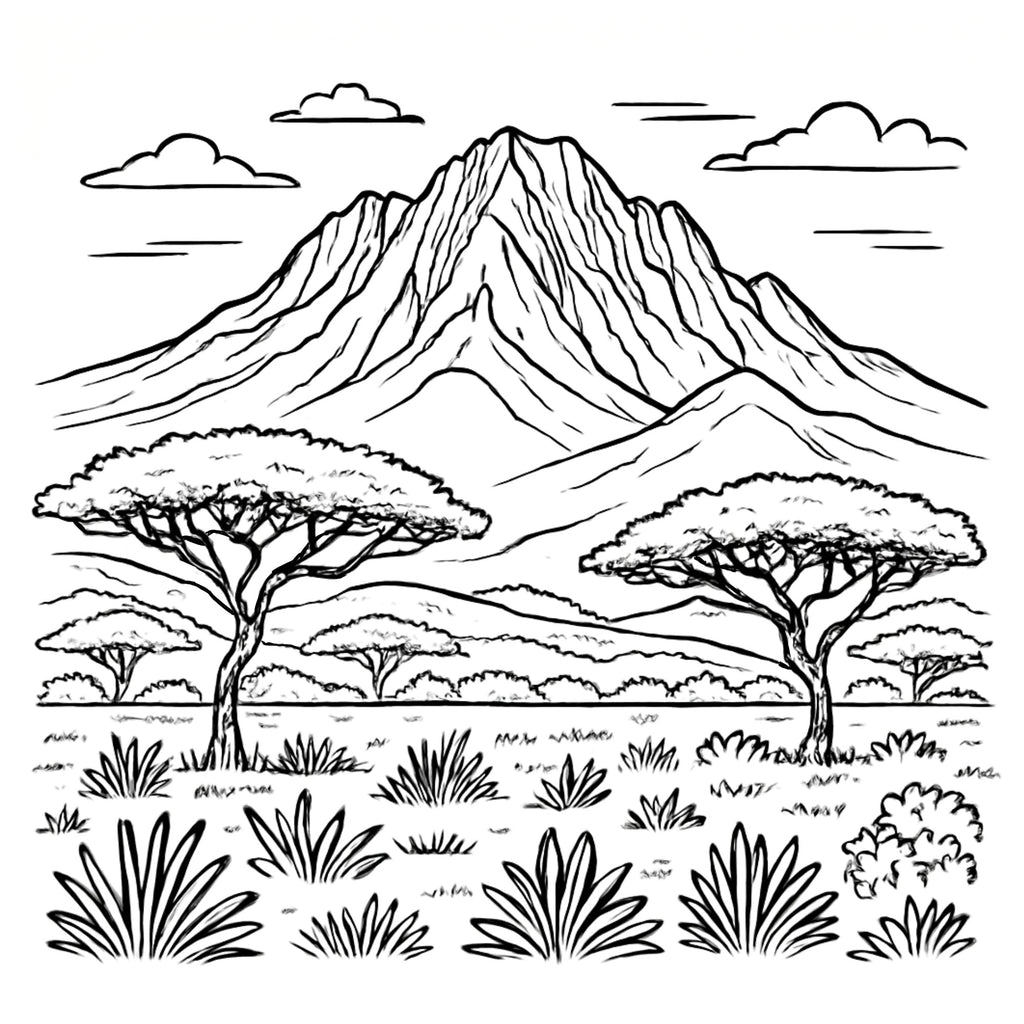 Sample page from Iconic African Locations Colouring Book Volume 2 with black and white illustration and facing-page cultural notes