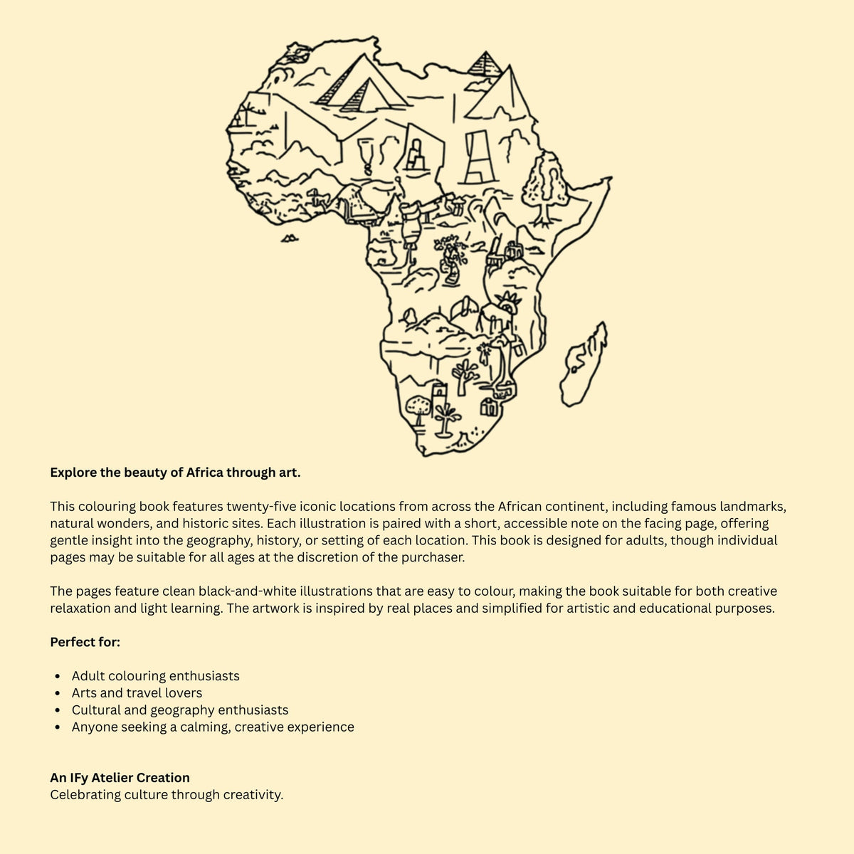 Final interior colouring page from Iconic African Locations Colouring Book Volume 2 showing African landmark artwork