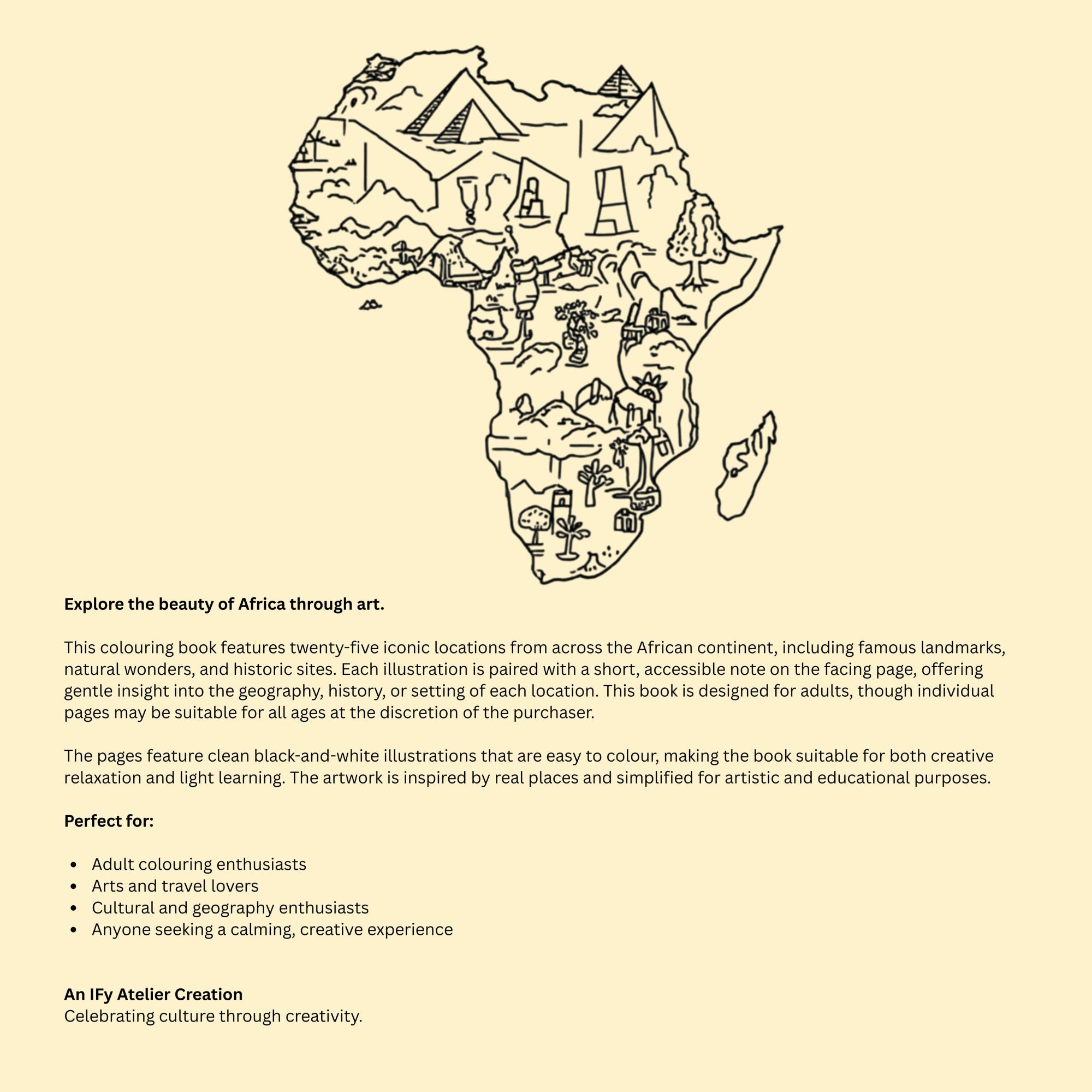 Interior spread from Iconic African Locations Colouring Book Volume 1 showing a colouring page with historical and geographical description